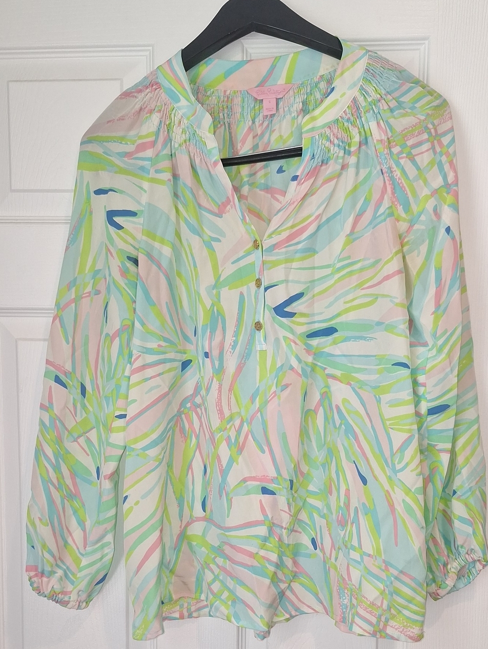 Lilly Pulitzer Silk Tropical Pastel Palm-Print Tunic Top - Pink, Mint, Bue SZ S